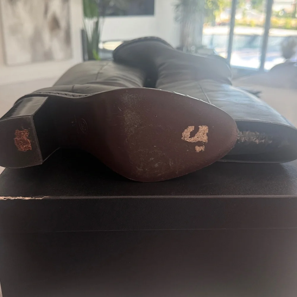 CHANEL Black Leather Knee Boots with Chain Trim - Picture 6 of 8